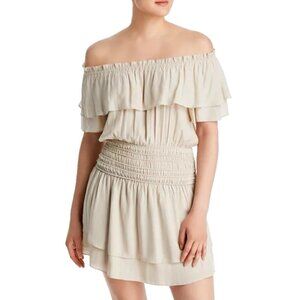 Ramy Brook Faux Silk ORLY Dress XS Clay Ruched Off the Shoulder Short Sleeve